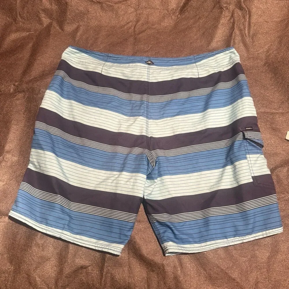 ONeill Mens Swim Trunks Size 42 Blue Black Swimwear Shorts Striped Pocket